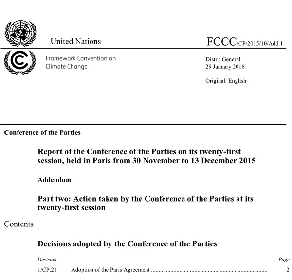 Decision Paris Agreement - Report of the Conference in Paris 2015 COP21 